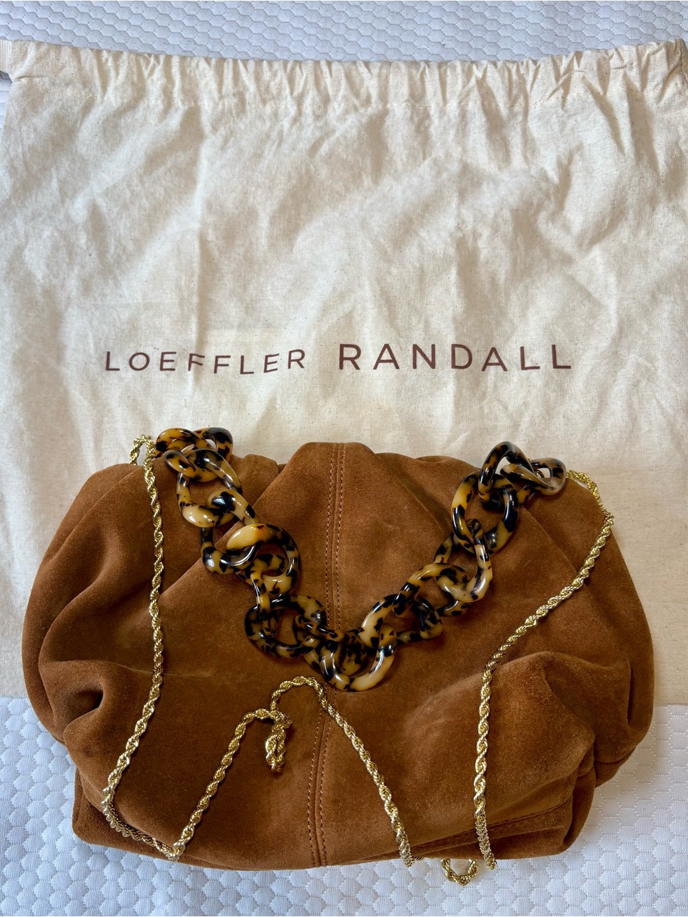 Loeffler Randall Tan Suede Shoulder Bag with Tortoiseshell Chain